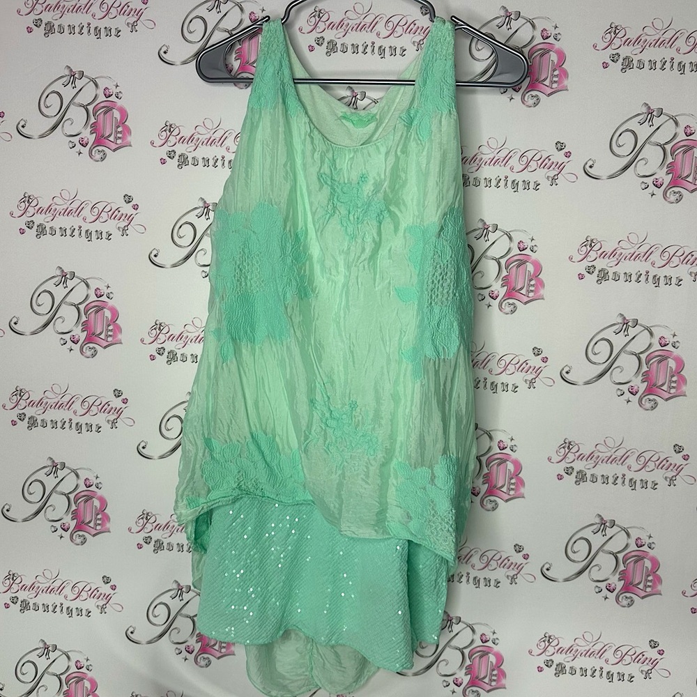 Dress sparkly floral flowy one size fits all turquoise blue green summer beach🇮🇹